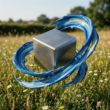 Tungsten cube floating in a meadow surrounded by swirls of blue paint