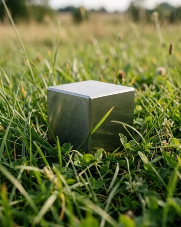 A tungsten cube resting in grass